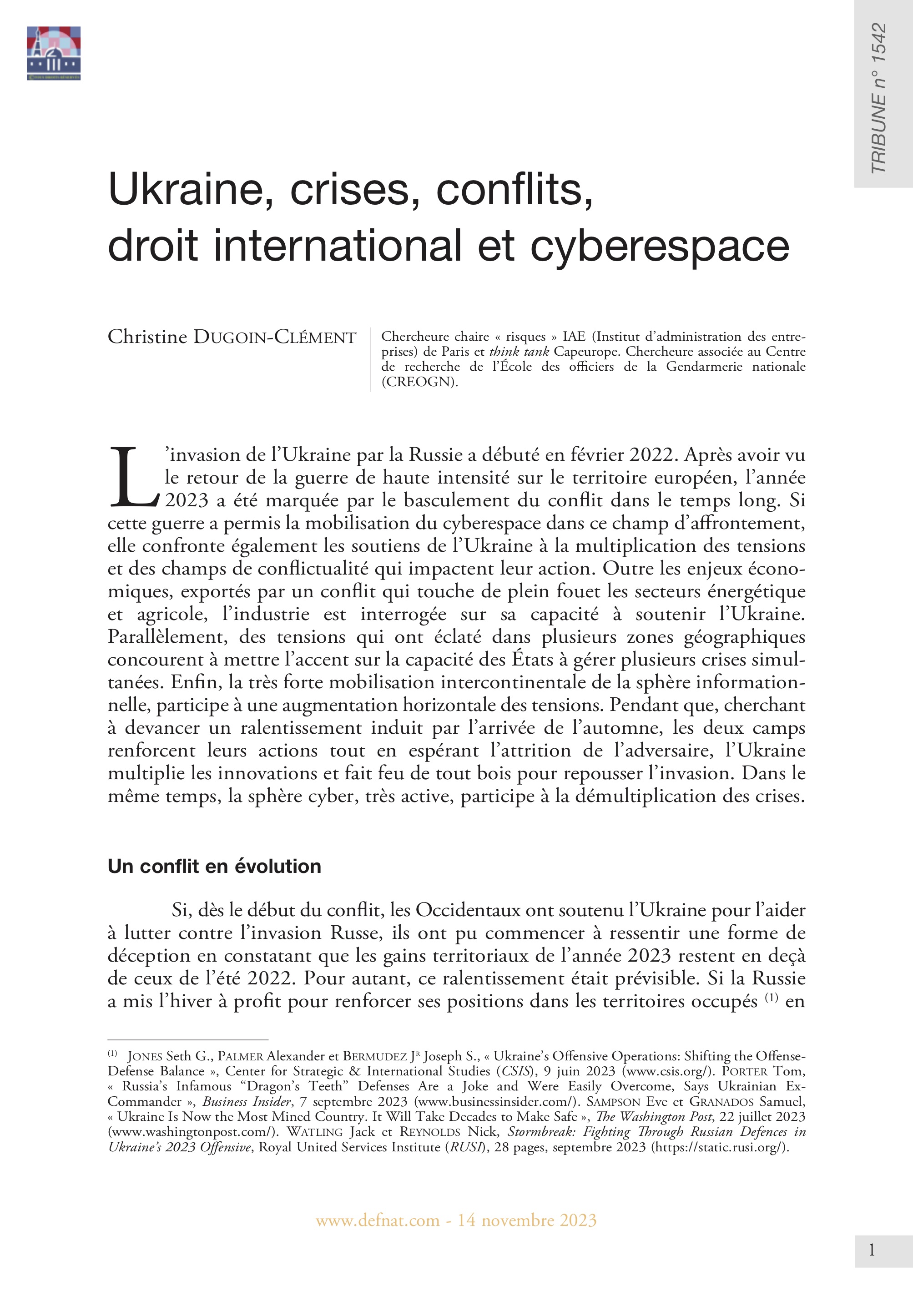 Ukraine, crises, conflits, droit international et cyberespace (T 1542)
